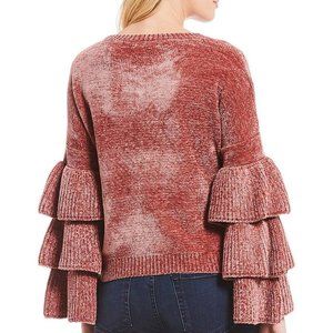 ELAN Ruffle Tiered Sleeve Chenille Sweater NWT MED